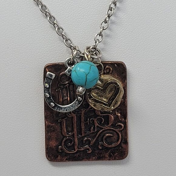 Rodeo Queen Necklace Angelz Design HECK YES Turquoise Copper Horseshoe Heart - Picture 3 of 8